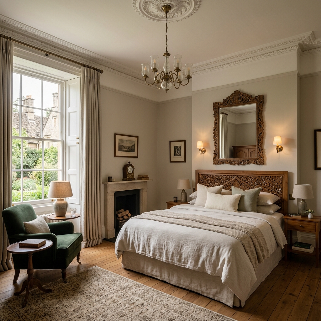 Charming boutique hotel suite with warm wooden finishes and plush bedding