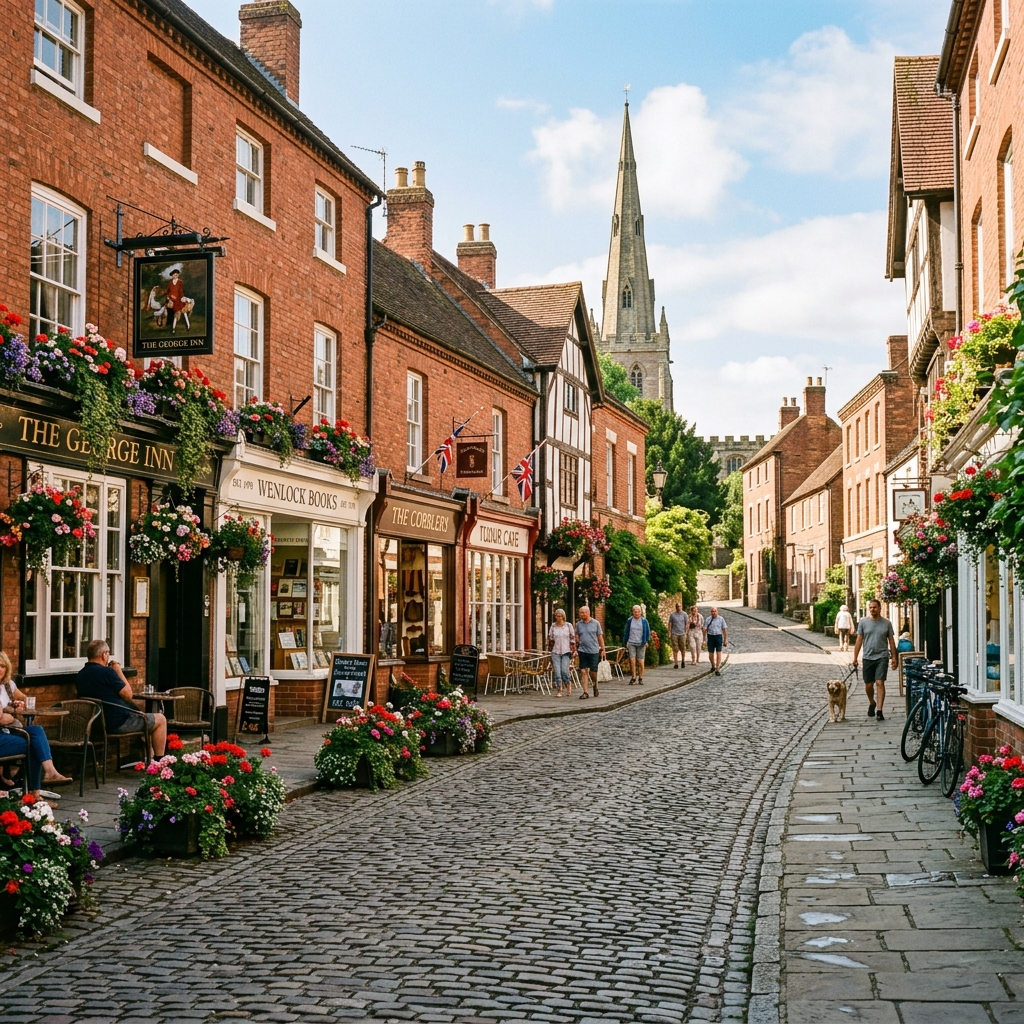 Historic town street in Whitchurch Shropshire with heritage brick architecture