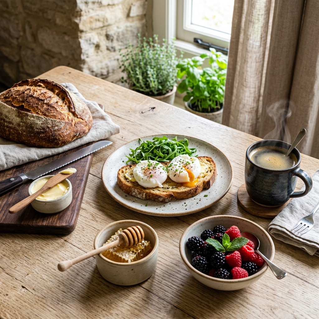 Fresh countryside breakfast spread with artisan bread, eggs, fruit and hot coffee