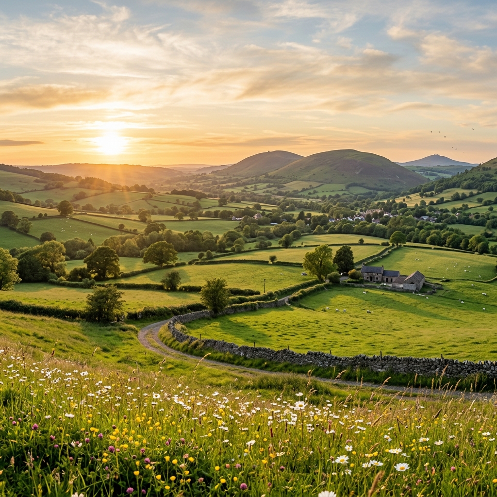 Rolling green Shropshire countryside hills under golden afternoon sunlight